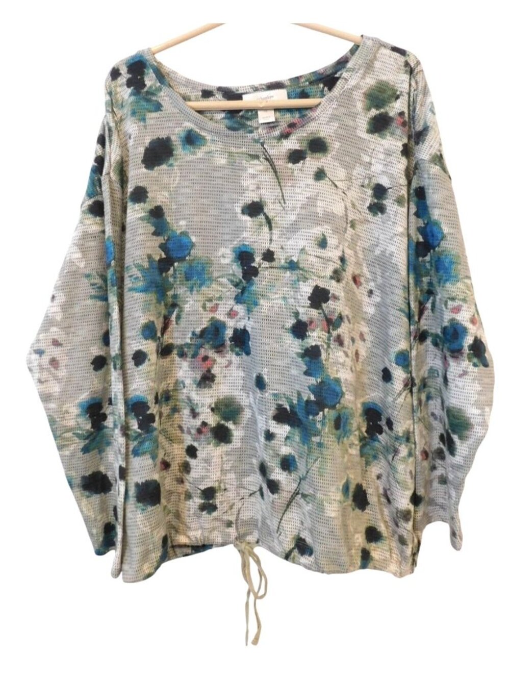 CJ Banks Womens 1X Gray Blue Watercolor Floral Long Sleeve Top Artsy Boho